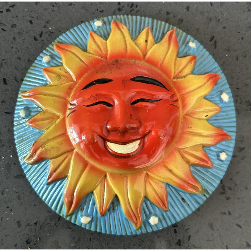Vintage Smiling Sun Magnet Round Blue Orange 4.5" Bright Sunshine‎ Whimsical